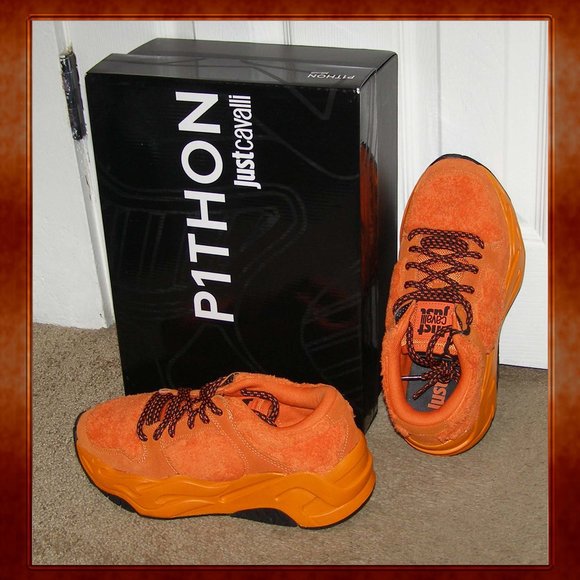 NEW! size 8.5/39 JUST CAVALLI Ladies Orange Fuzzy sneakers - Picture 1 of 15